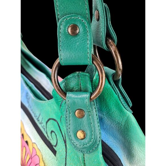 Anuschka Purse Leather Shoulder Bag Large Satchel Hobo Butterfly Floral Green - Picture 12 of 15